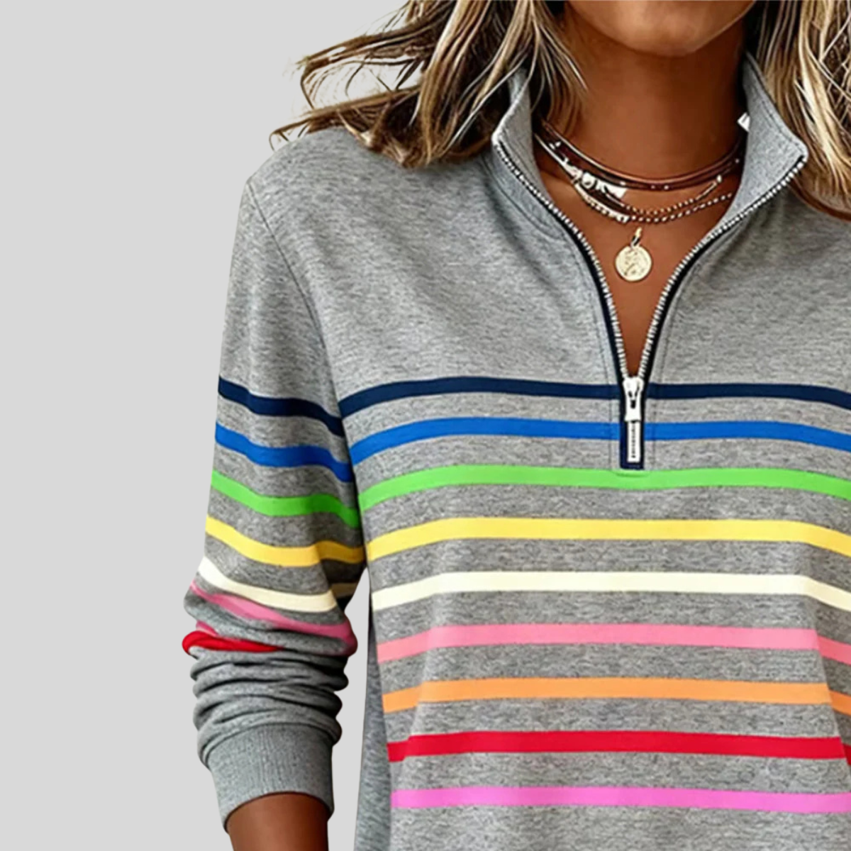 Stand collar and short neckline zip above horizontal chest stripes on the sweatshirt.