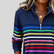 Stand collar and short neckline zip above horizontal chest stripes on the sweatshirt.
