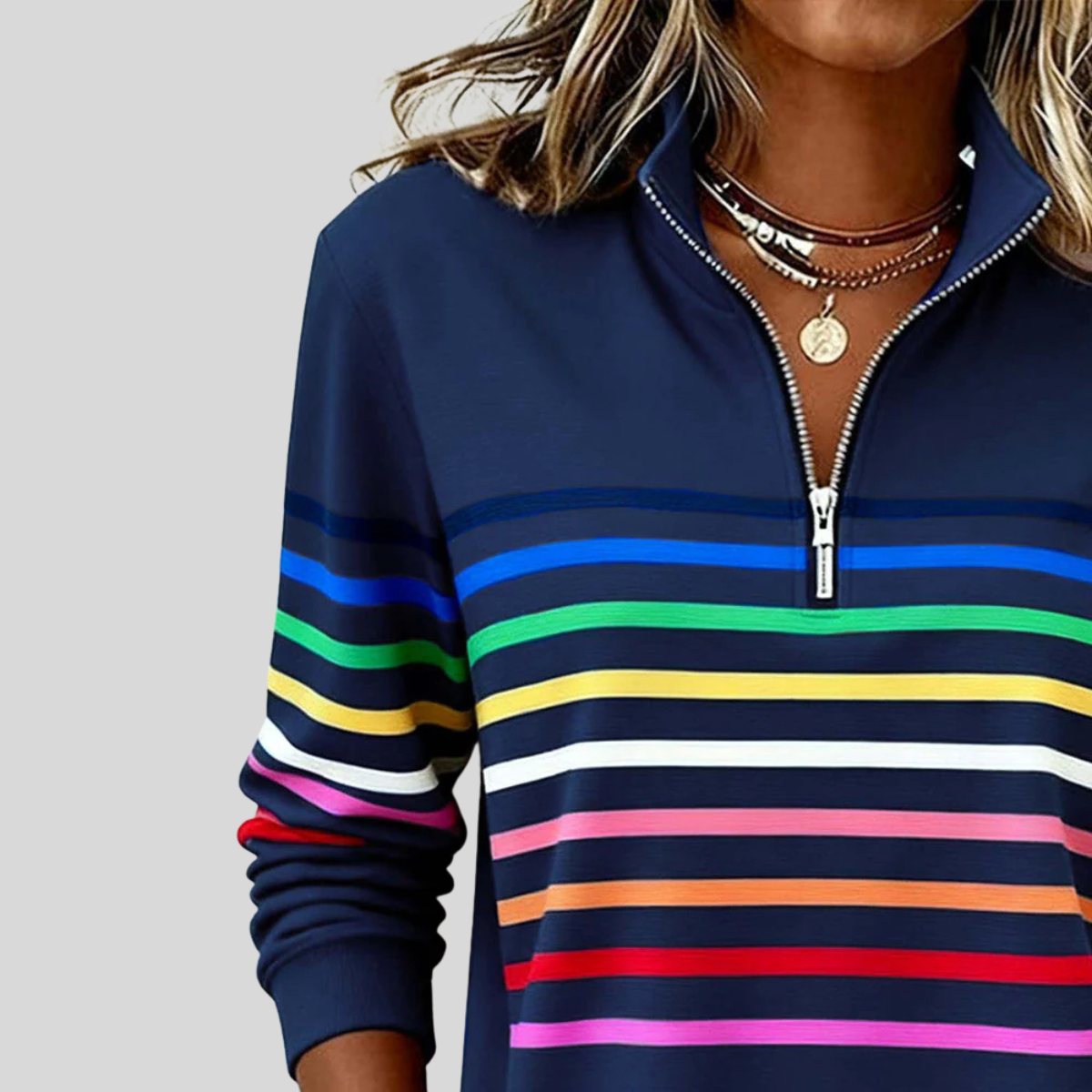 Stand collar and short neckline zip above horizontal chest stripes on the sweatshirt.