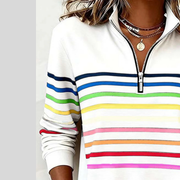Stand collar and short neckline zip above horizontal chest stripes on the sweatshirt.