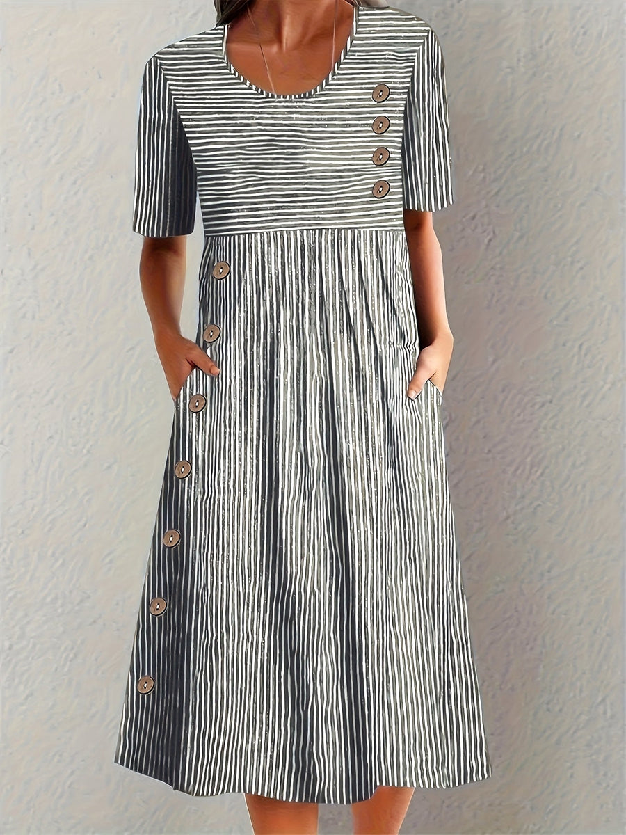 Women's midi dress with decorative buttons, elbow-length sleeves and side pockets