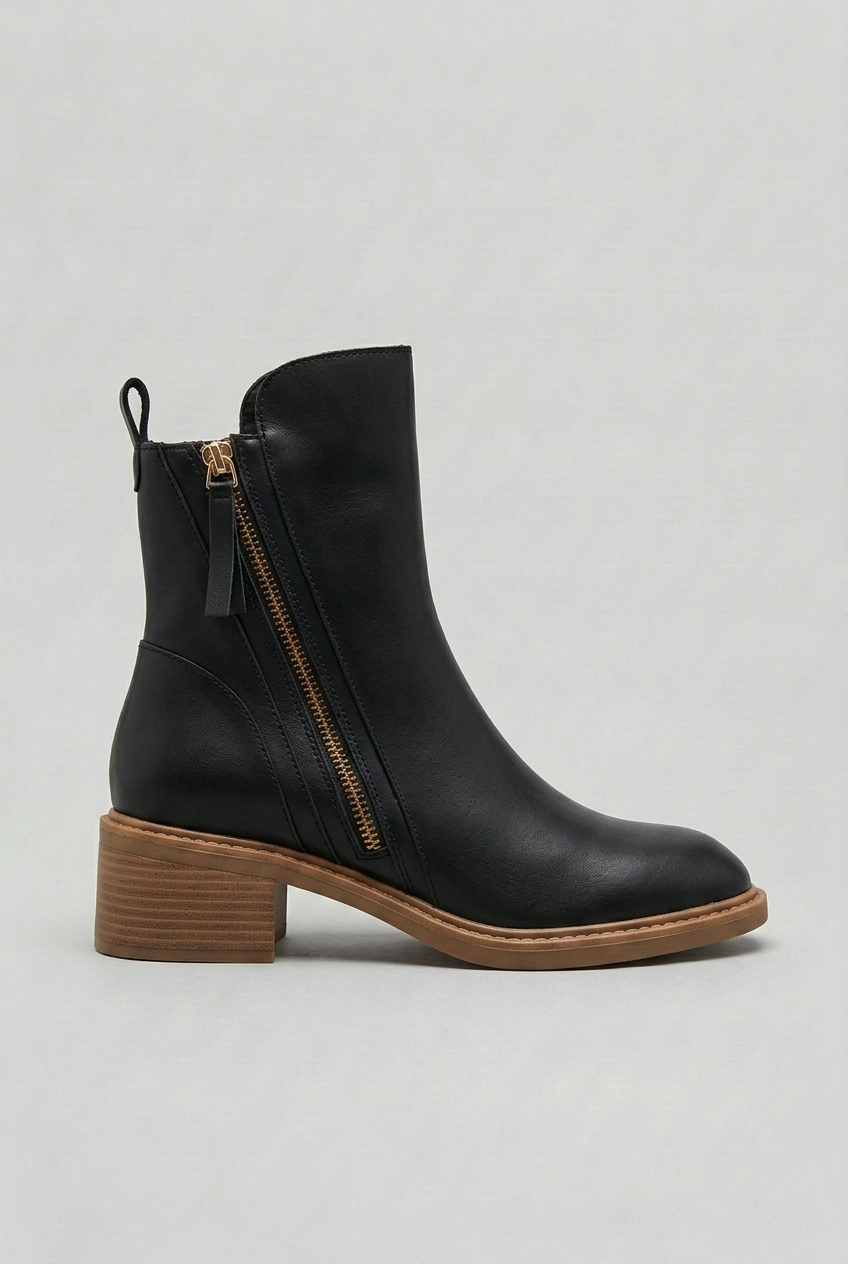 Women's ankle boots with a zipped shaft, a rounded toe and a block heel