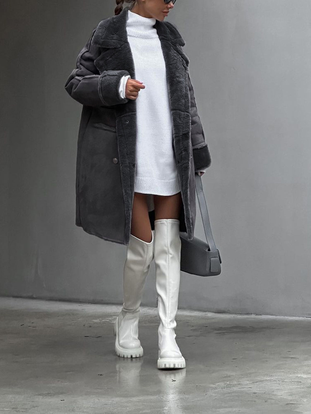 Hafren | Long Fleece Winter Coat in Grey
