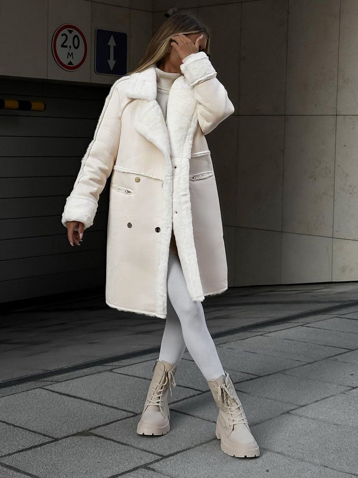 Hafren | Long Fleece Winter Coat in Beige
