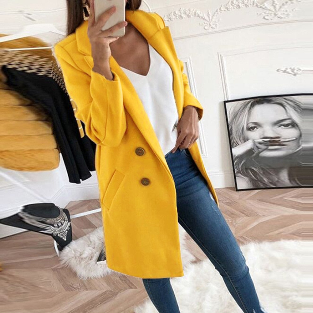 Nokuthula | Long Wool-Blend Lapel Coat in Yellow