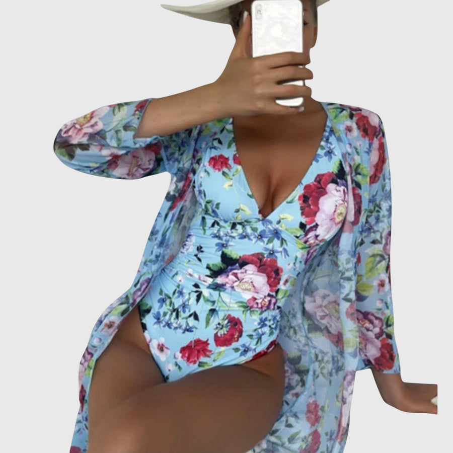 Women's swimsuit and cover-up set with shoulder straps, a wrap-style front and a matching cover-up