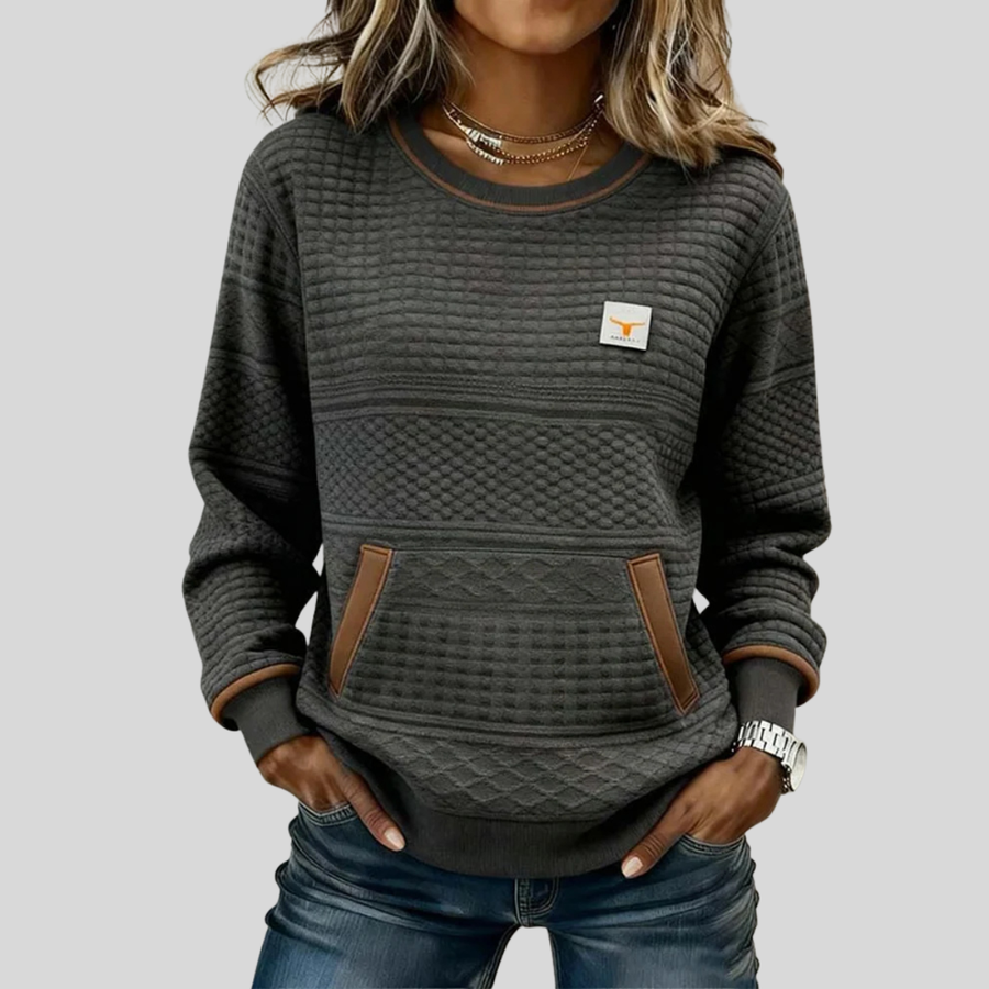 Textured Crew-Neck Pocket Jumper, front view.