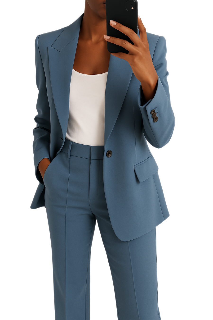 Women's suit set with notched lapels, a single-button front and long sleeves