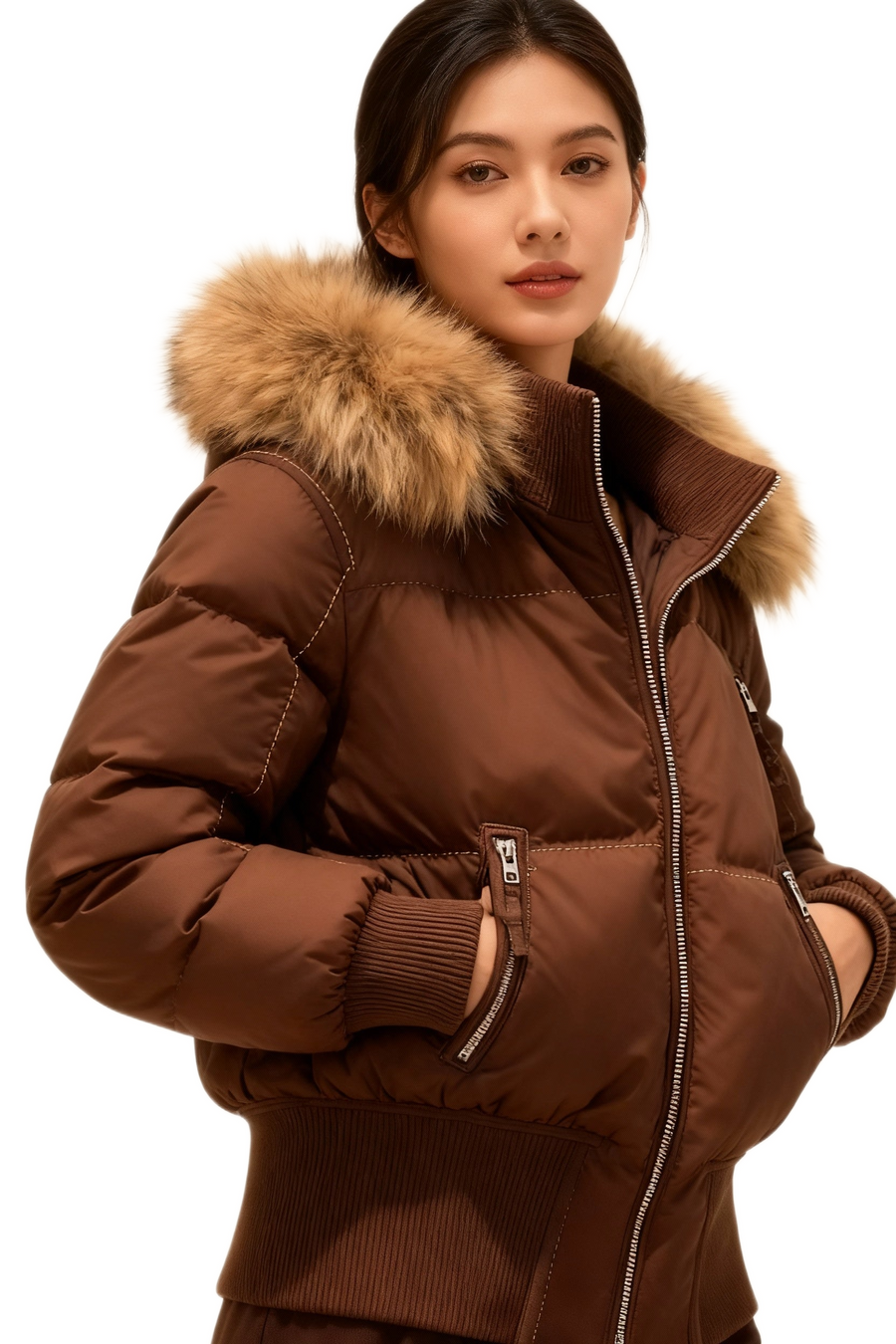 Women's puffer jacket with a trimmed hood, padded panels and a front zip