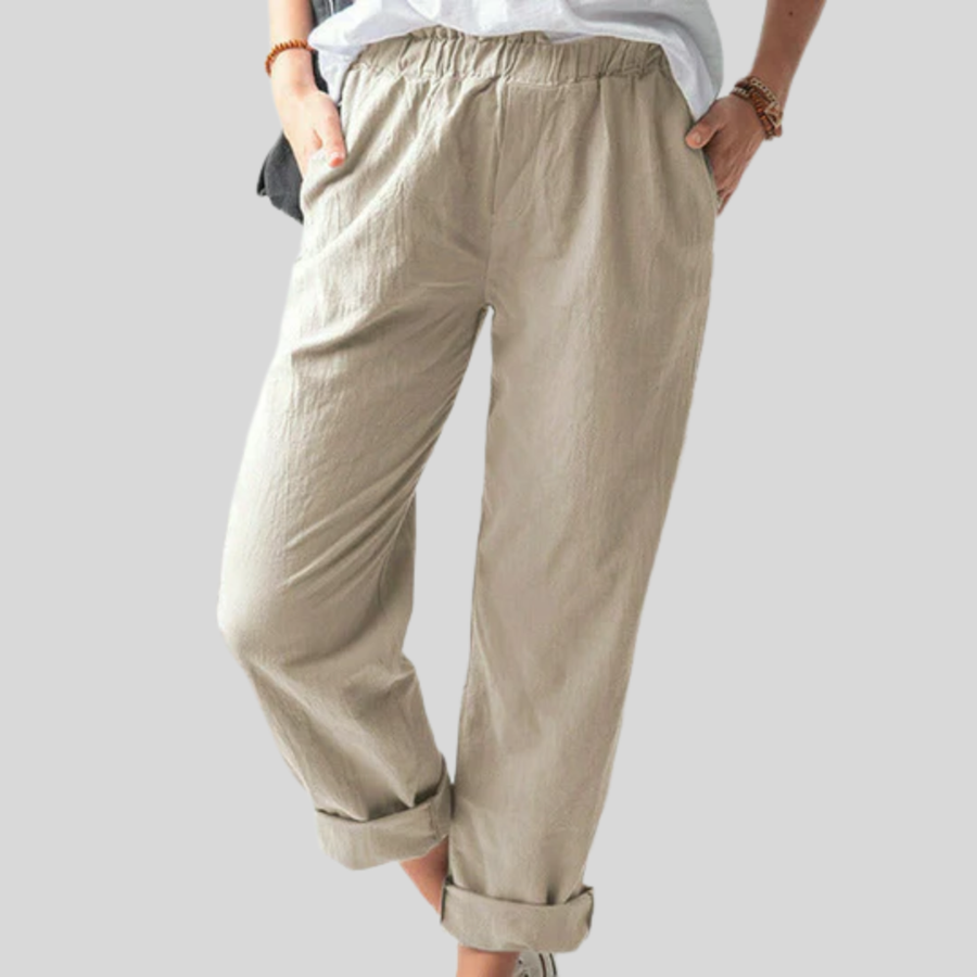 Women's trousers with straight legs, an elasticated waist and side pockets