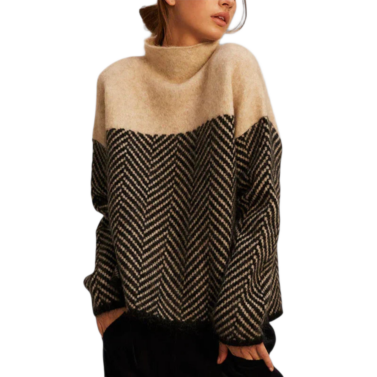 Women's jumper with a herringbone pattern, colour-block panels and a high neckline