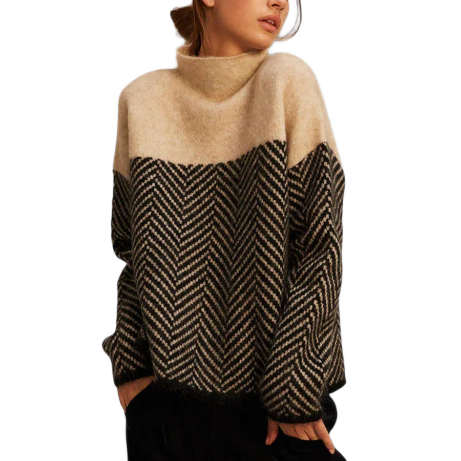 Women's jumper with a herringbone pattern, colour-block panels and a high neckline