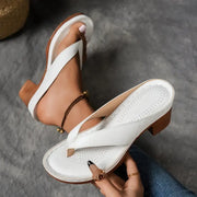 Women's heeled sandals with a toe-post design, a platform sole and an open toe