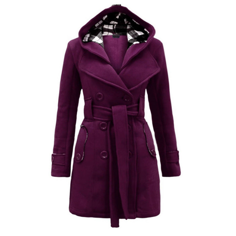 Siobhan | Hooded Double-Breasted Belted Wool Coat in Red