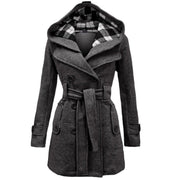 Siobhan | Hooded Double-Breasted Belted Wool Coat in Red