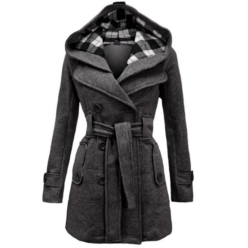Siobhan | Hooded Double-Breasted Belted Wool Coat in Red