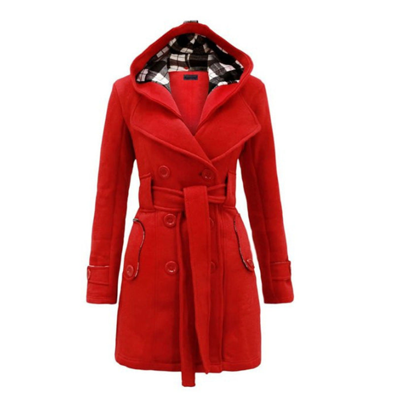 Siobhan | Hooded Double-Breasted Belted Wool Coat in Red