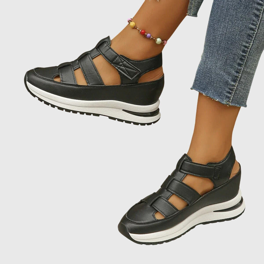 Women's platform sandals with multiple straps, a slingback strap and an open toe