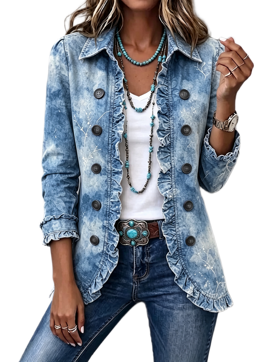 Women's jacket with a leaf print, a graduated pattern and a shirt-style collar