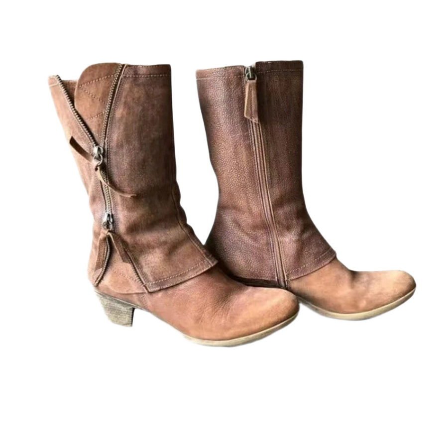 Women's mid-calf boots with buckle details, a zipped shaft and a rounded toe