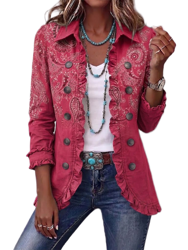 Women's jacket with a paisley print, ruffled detailing and a shirt-style collar