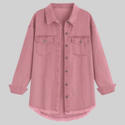 Women's trucker jacket with a relaxed silhouette, a button front and chest pockets
