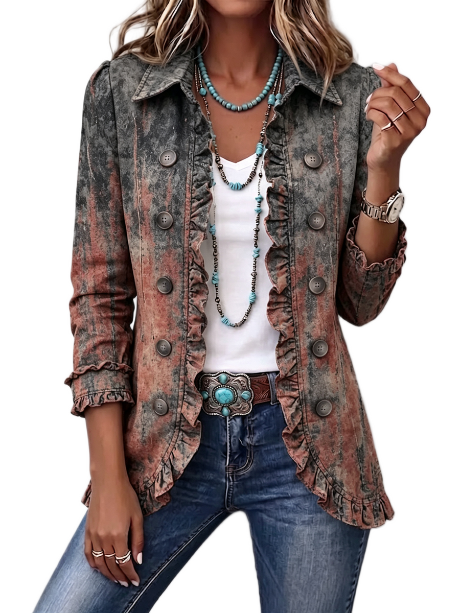 Women's jacket with ruffled detailing, a graduated pattern and a shirt-style collar