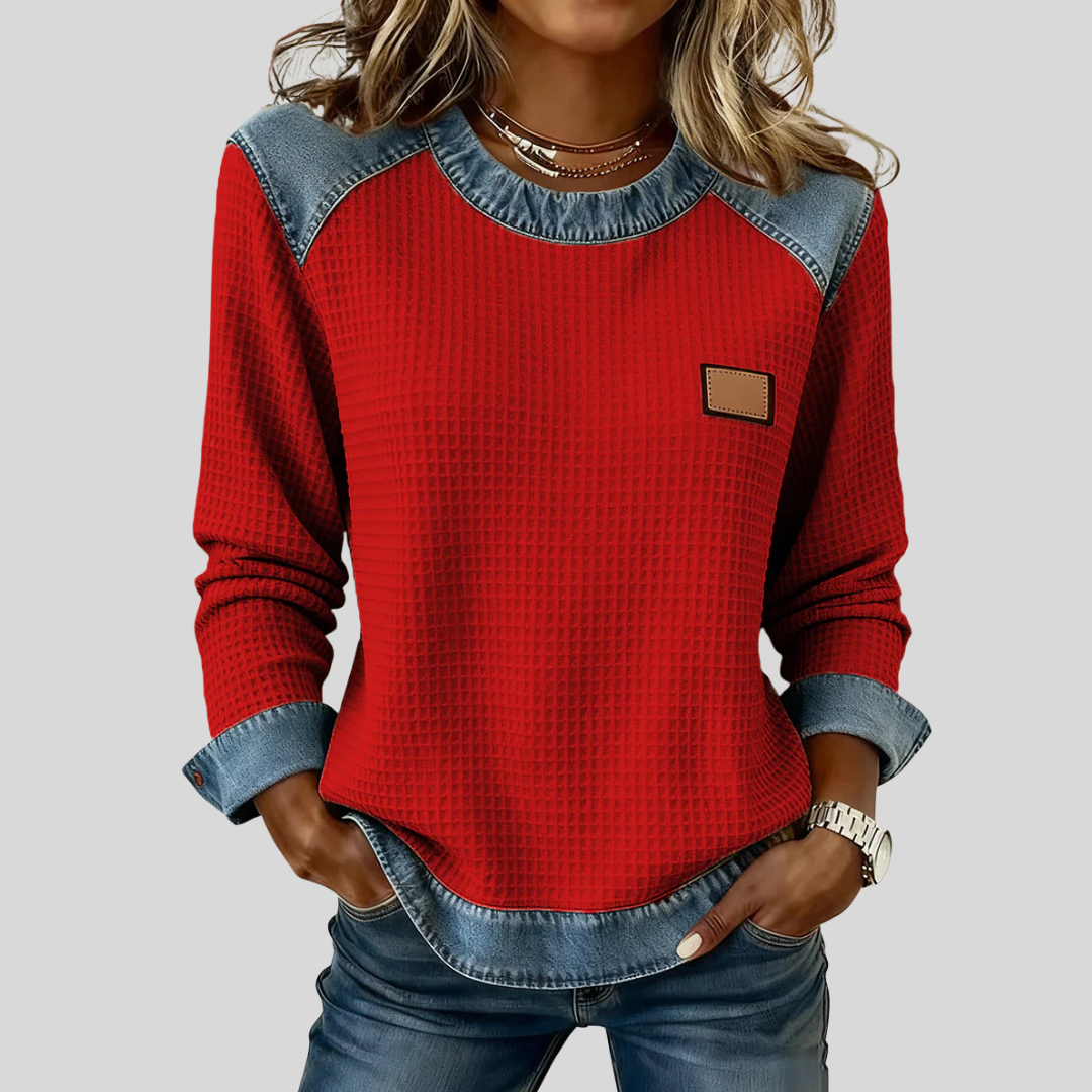 Waffle-Textured Sweatshirt with Contrast Trim, front view.