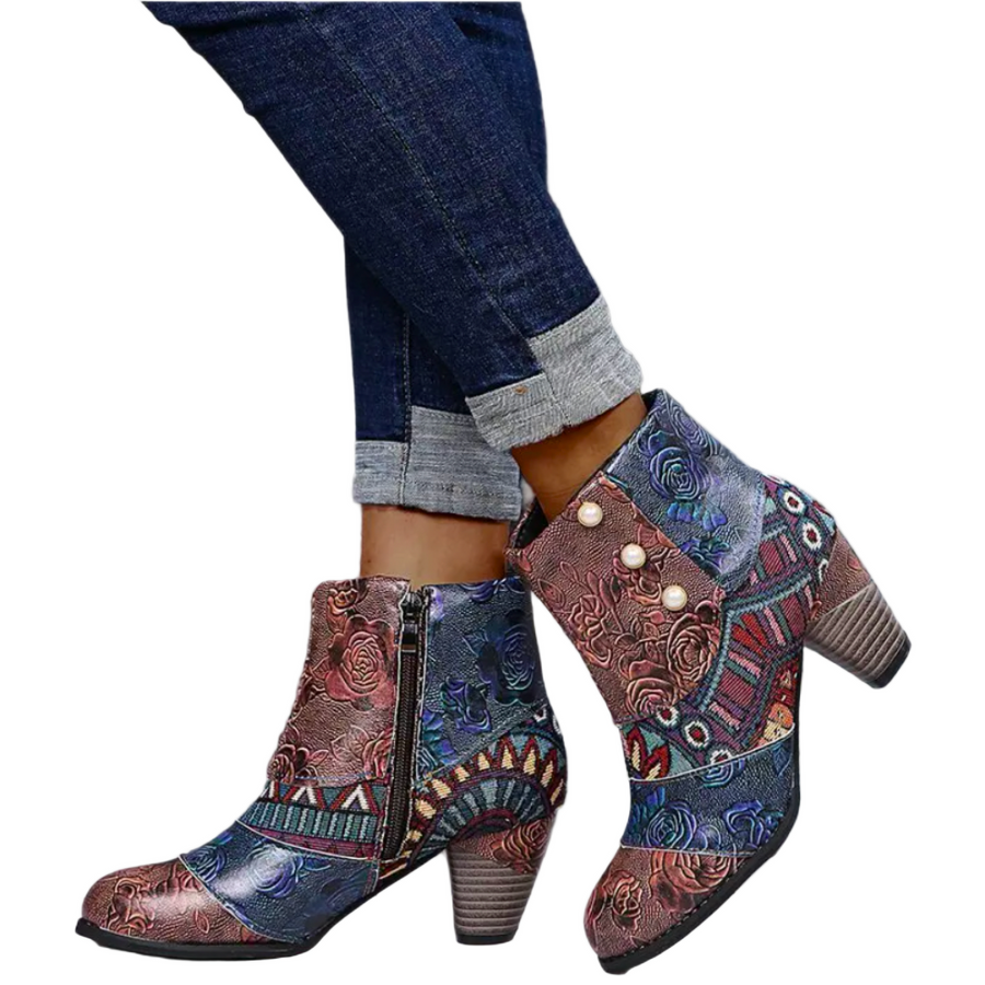 Women's ankle boots with an ornamental pattern, a zipped shaft and a rounded toe