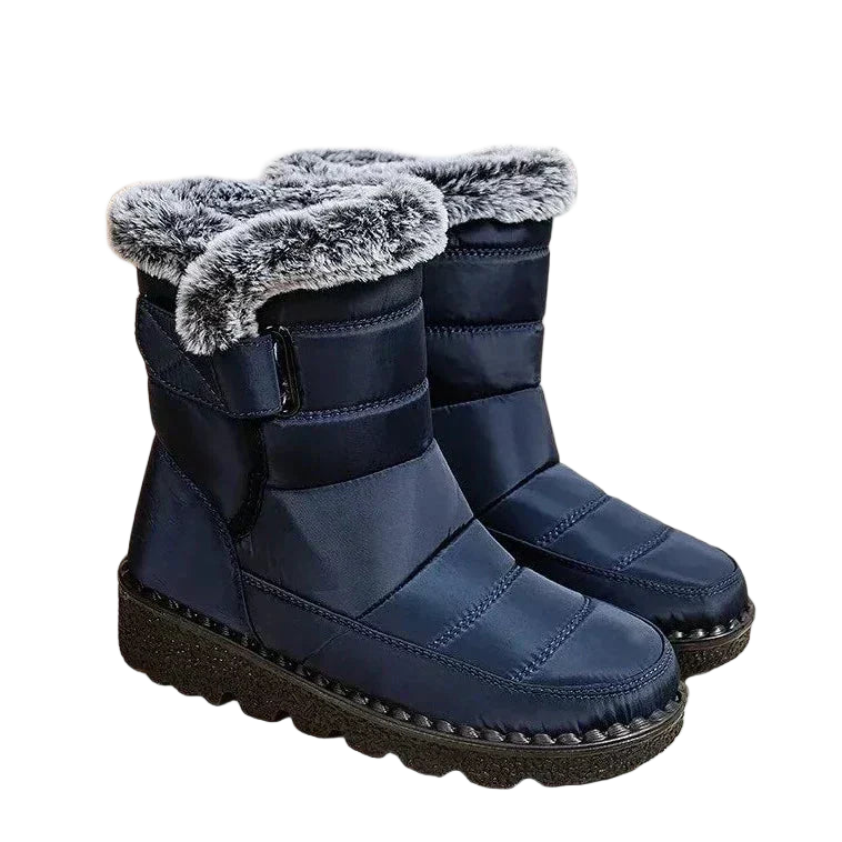 Women's mid-calf boots with padded panels, a textured lining and multiple fastening straps