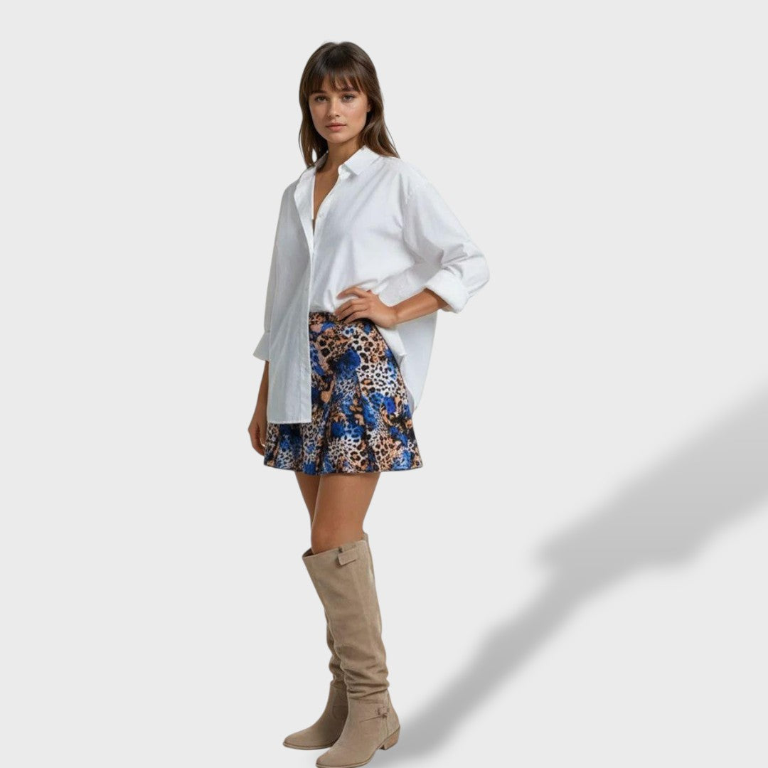 Valeria Beige knee-high boots styled on model