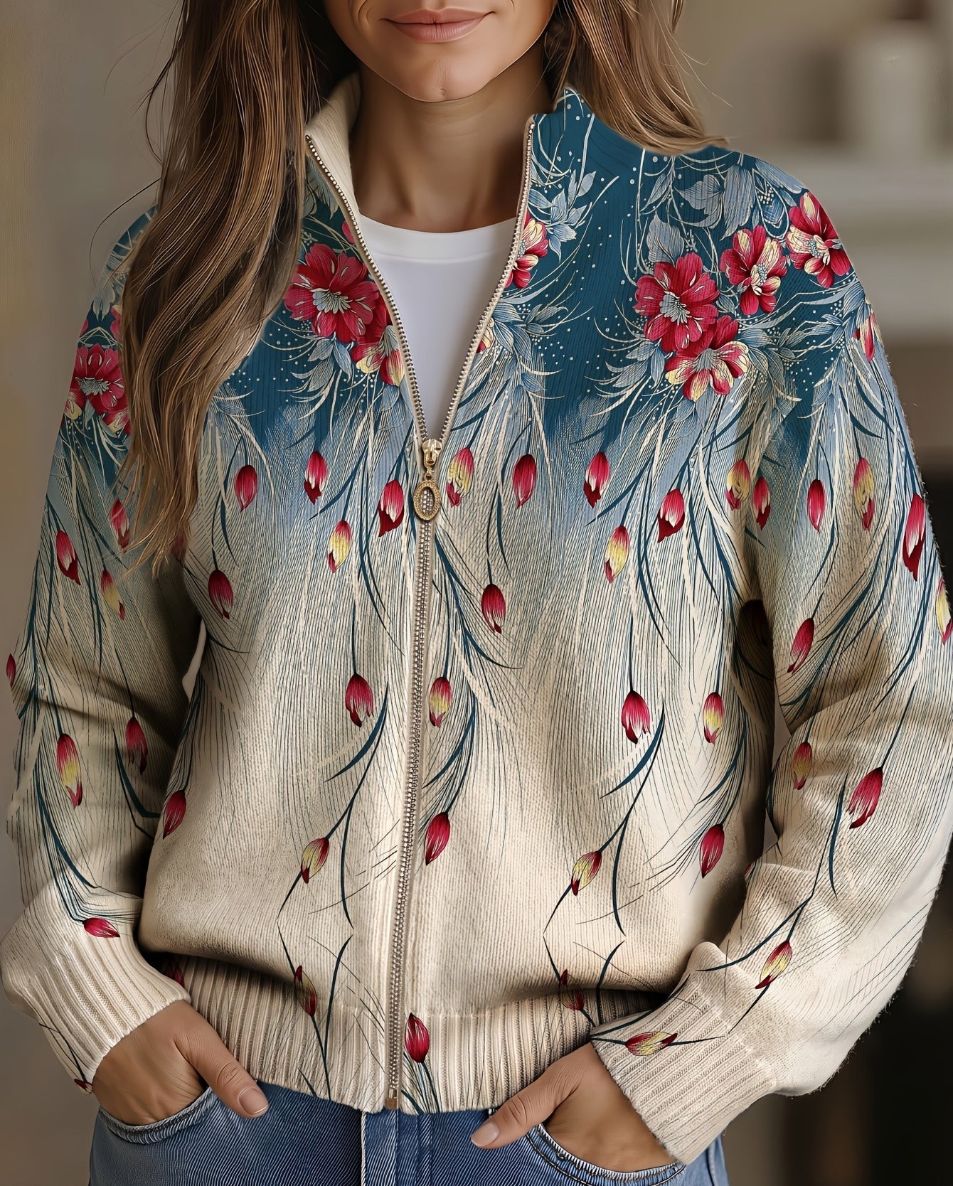 ORNELLA | FLORAL PEACOCK-FEATHER ZIP CARDIGAN